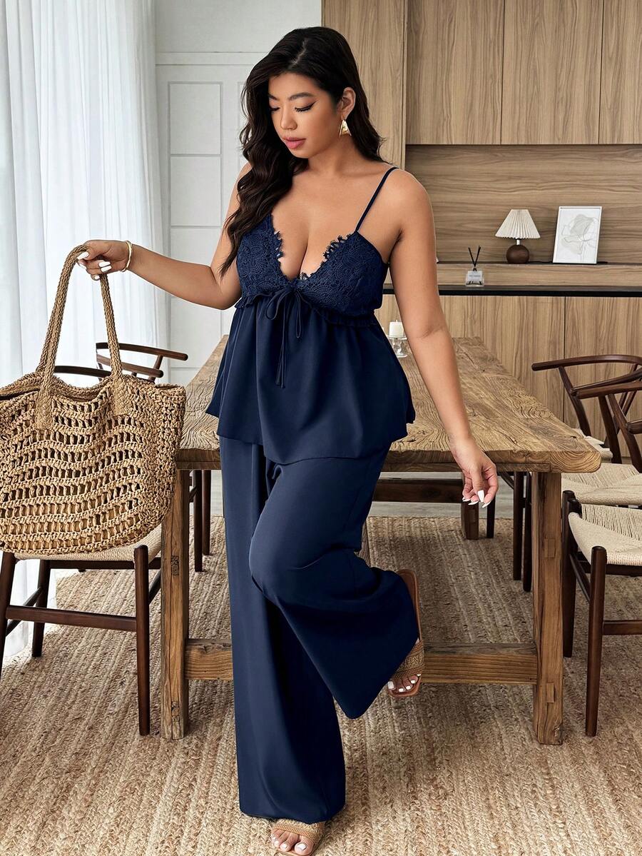 Weeklong Elegant Navy Blue Plus Size Women's Clothing Jacquard V-Neck Waist-Cinched Sling Top & Pants Set,Summer Vacation Holiday Casual Outings Office Party - Navy Blue - View 1