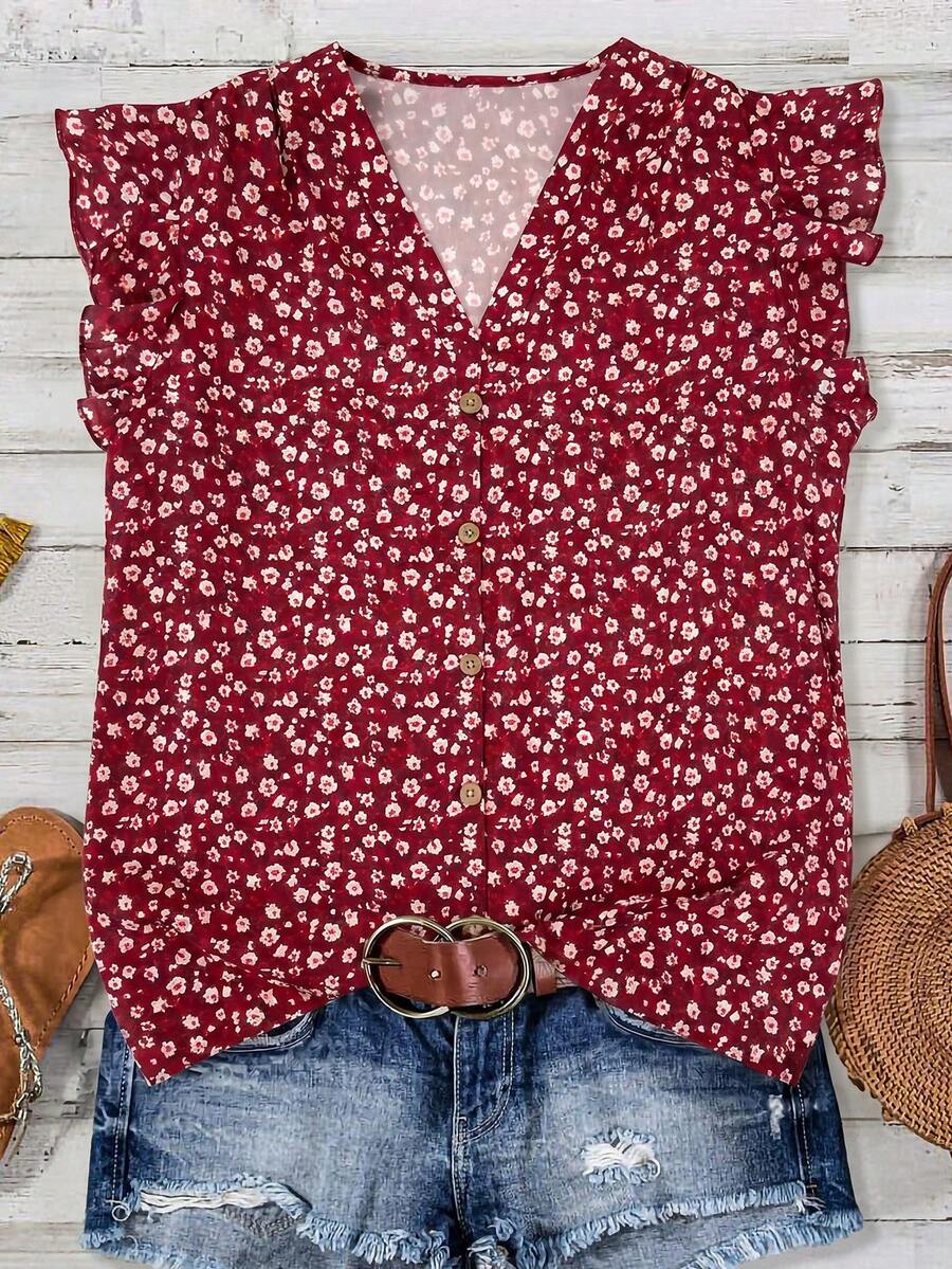 SHEIN Clasi Women's V-Neck All-Over Print Casual Versatile Daily Wear Shirt,Summer Top - Burgundy - View 1