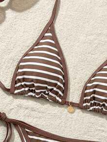 Swim Mod Women's New Solid Color Triangle Cup Bikini Set, Sexy Tie-Up Contrast Color Swimwear 2 Pieces - Brown - View 4
