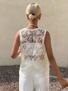 DAZY Áo tank top ren móc xuyên thấu lưng dành cho nữ, thích hợp cho kỳ nghỉ hè. - Màu be - Xem 2