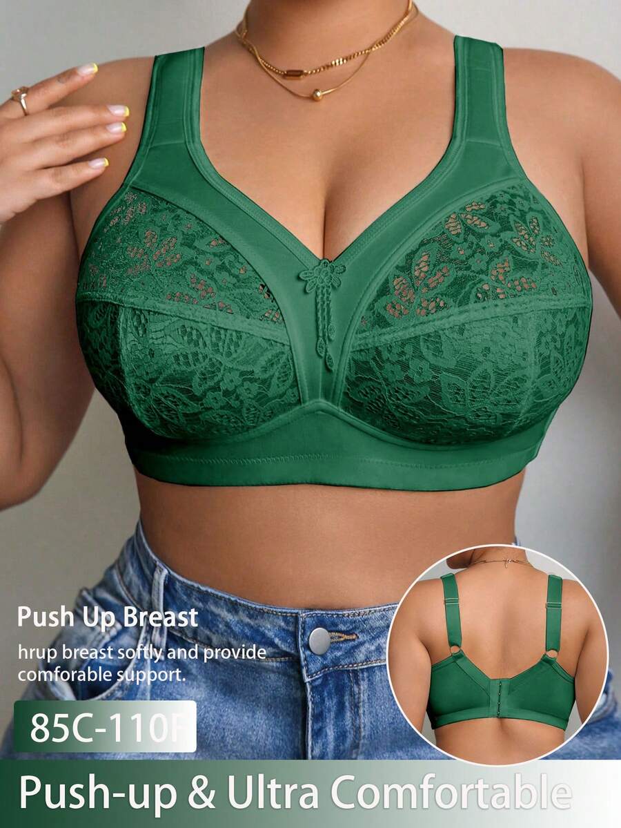 DesireSculpt 1pc Plus Size Lace Patchwork Wireless Bra - Army Green - View 1