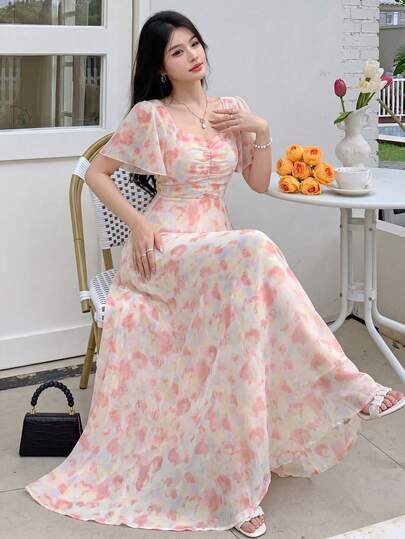 Modelyn Women's Elegant White Floral Chiffon Dress,Ruched Flounce Sleeve Waist Cinched Vintage Dresses For Summer Holiday Vacation,Filipiniana Spring Dress