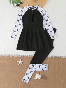 SHEIN 少女坦克比基尼泳衣，休闲保守款，黑色蝴蝶结针织上衣搭配撞色袖子，白色底色饰以黑色蝴蝶结印花，拉链下装搭配撞色下摆，优雅时尚，适合游泳、海滩、泳池、夏季度假。少女泳衣长袖泳装泳裙防晒衣，少女全包覆泳衣，适合乘船旅行，少女泳衣，成人游船连衣裙，少女泳衣，成人泳衣，长袖泳衣 - 黑與白 - 查看 6