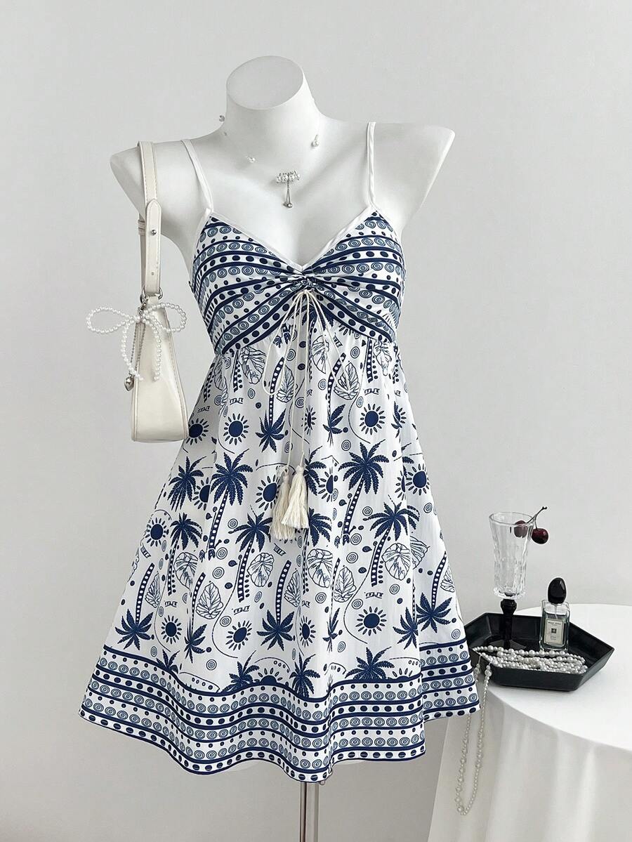 Elamini Đầm hai dây ngắn in họa tiết retro, hở lưng, cổ chữ V, dây rút, gợi cảm mùa hè. - Màu xanh lam - Xem 1