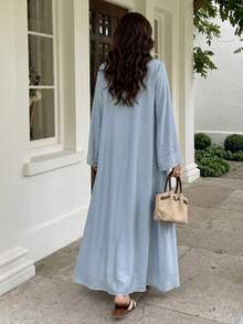 Solavon Women's Elegant Solid Color Beaded Decor Stand Collar Arabic Abaya, Modest Robe - Blue - View 3