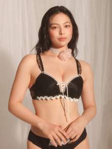 DelicateAllure 3/4 Cup Push Up Bra With Criss-Cross Straps, Bow Accent, Heart-Shaped Sheer Panel, Floral Embroidery, Ruffle Trim - Black - View 5