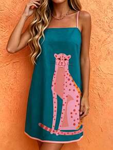 Vaclyn Women's Leopard Print Casual Strap Mini Dress For Vacation - Multicolor - View 4