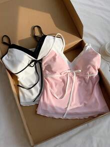 Comfortcana 女款夏季休閒拼色蕾絲拼接細肩帶背心 - 彩色 - 查看 6