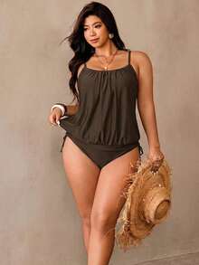 Swim Lushoire Conjunto de tankini de 2 piezas para mujer talla grande, color negro, estilo minimalista casual con camiseta y calzoncillos - Café integral - Ver 8