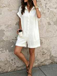 Selamara Women's Solid Color Short Sleeve Collared Straight Jumpsuit - White - View 1