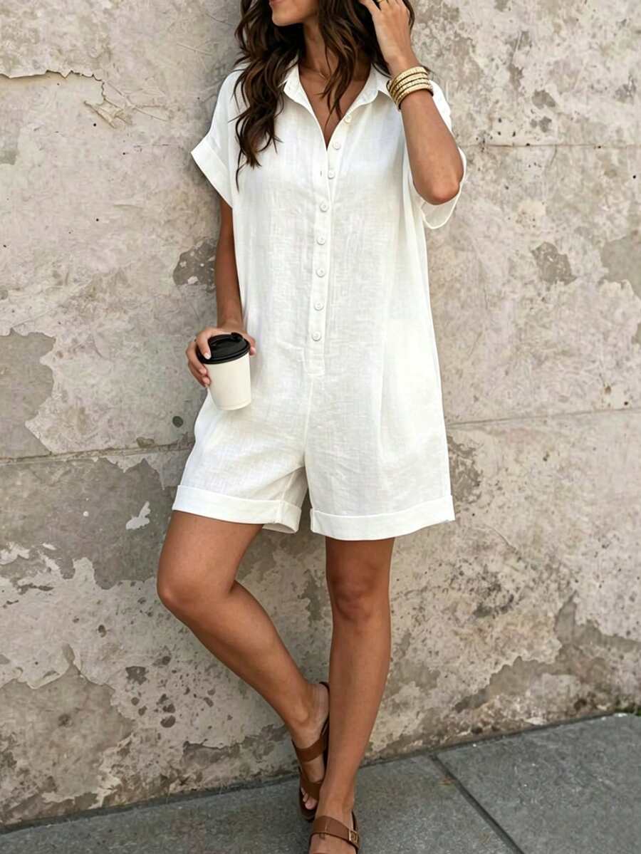 Selamara Women's Solid Color Short Sleeve Collared Straight Jumpsuit - White - View 1