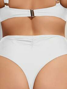 Swim Basics Braga de bikini brasileña de talla grande con cintura alta y drapeado para verano - Blanco - Ver 2