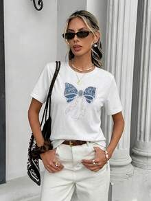 SHEIN Frenchy Áo thun nữ cổ tròn dáng ôm, chất liệu 95% cotton, thiết kế nơ thêu, trang phục thường ngày cho nữ. - Nhiều màu - Xem 5