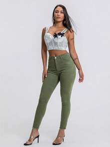 SHEIN SXY Damen Einfarbige Minimalistische Alltags Jeans - Grün - Übersicht 4
