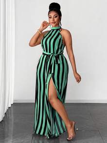 Maweii Plus Size Women's Woven Striped Slit Sexy Jumpsuit - Green - View 4