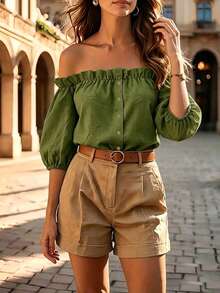 Balvessa New Arrival French Style Off Shoulder Petal Sleeve Top - Green - View 5