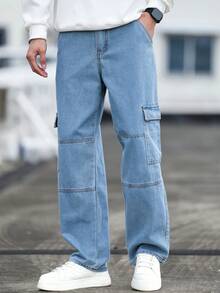 Manfinity Homme Loose Fit Men's Flap Pocket Side Cargo Jeans - Blue - View 6