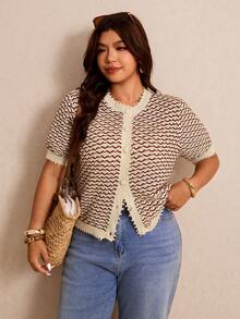 Elaquor Plus Size Women Patchwork Color Single-Breasted Casual Versatile Daily Wear Cardigan Casual Vacation Cardigan Casual Going Out Cardigan For Women - Multicolor - View 4