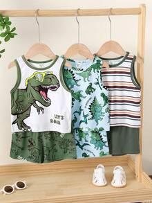 3pcs/Set Baby Boy White Summer Casual Cute Graphic Vacation Tank Tops,Dinosaur Pattern,Classic Striped,Street Style,Loose Comfortable,Versatile - Multicolor - View 3