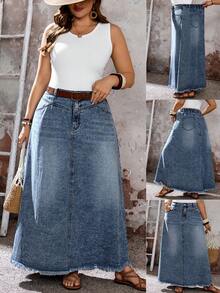 EMERY ROSE EMERY ROSE Plus Size Women Pocketed Button Casual Versatile Daily Wear Denim Skirt - Dark Wash - View 1
