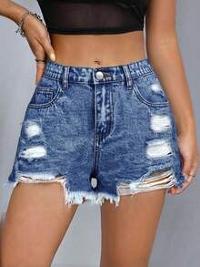 Teen Girl Casual Spring Summer Y2K Light Washed Low Rised Raw Hem Distressed Denim Shorts,Y2K Summer Boho Beach Vacation Concert Rave Festival, Beach For Girl, Vacation Girl, Valentine's Day - Dark Wash - View 3