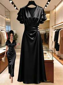Qadelle Đầm midi thanh lịch thắt eo, đầm maxi duyên dáng cho nữ, đầm dài mùa hè cho nữ, đầm mùa hè cho nữ, trang phục mùa hè cho nữ, đầm sinh nhật cho nữ, đầm dự đám cưới cho nữ, trang phục ngày Valentine cho nữ, đầm sinh nhật cho nữ, đầm ôm sát gợi cảm tối giản cổ chữ V chéo cài nút cho nữ, đầm lụa, đầm ôm sát satin, đầm satin màu sâm panh, đầm dài dự tiệc, đầm lụa thanh lịch, đầm dạ hội sang trọng, đầm kiểu nữ thần - màu đen - Xem 5