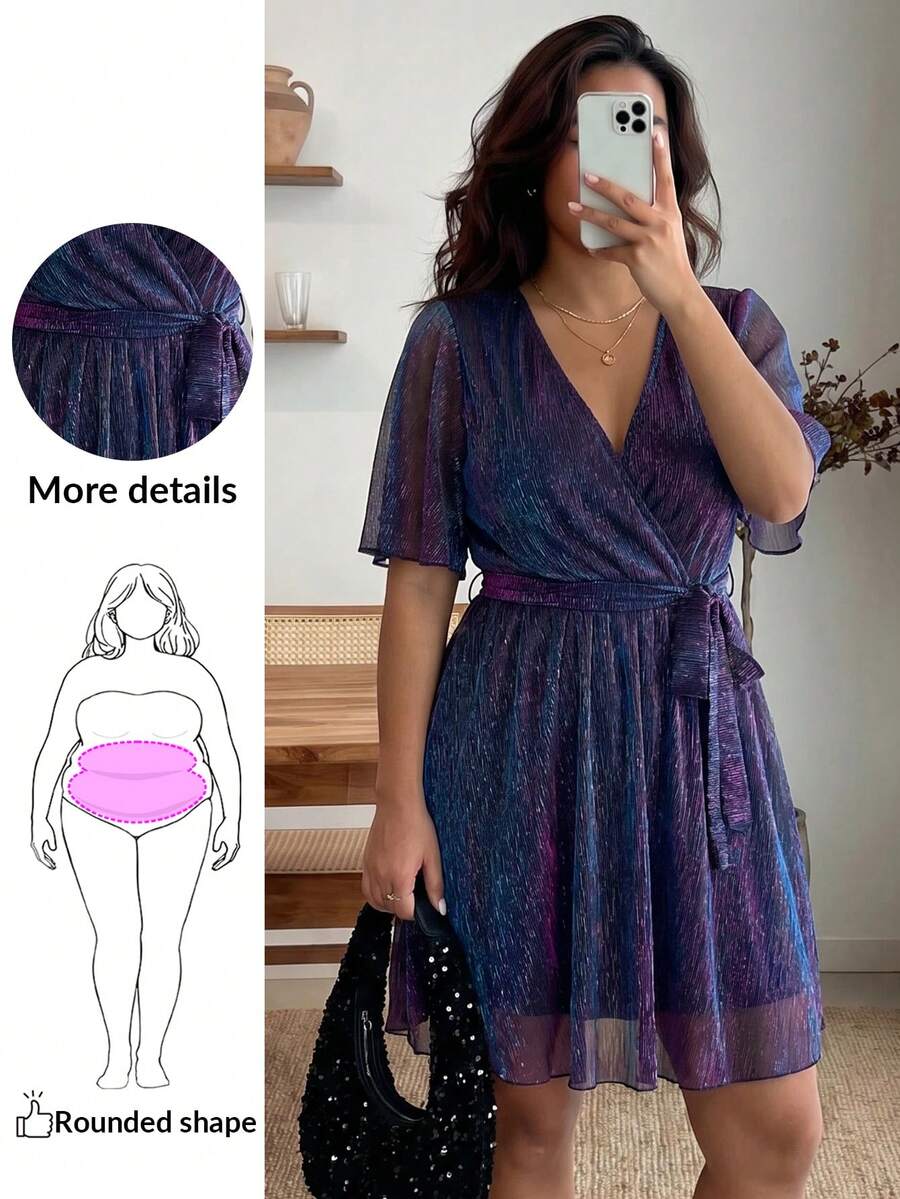 Enliva Đầm dự tiệc/đêm dạ hội cổ chữ V tay bồng viền xếp ly ombre dành cho nữ cỡ lớn Jennifer_samantha_style, thích hợp cho tiệc tùng, ngày Valentine, cho dáng người tròn trịa, mùa hè. - Màu tím - Xem 1