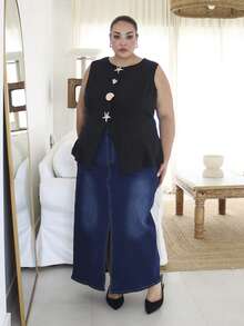 Pretty and Ole Giacca da donna taglie forti con collo rotondo, maniche, stile semplice da ufficio, con finiture in metallo, camicie da insegnante, outfit da donna insegnante nero estivo - nero - Visualizzare 4