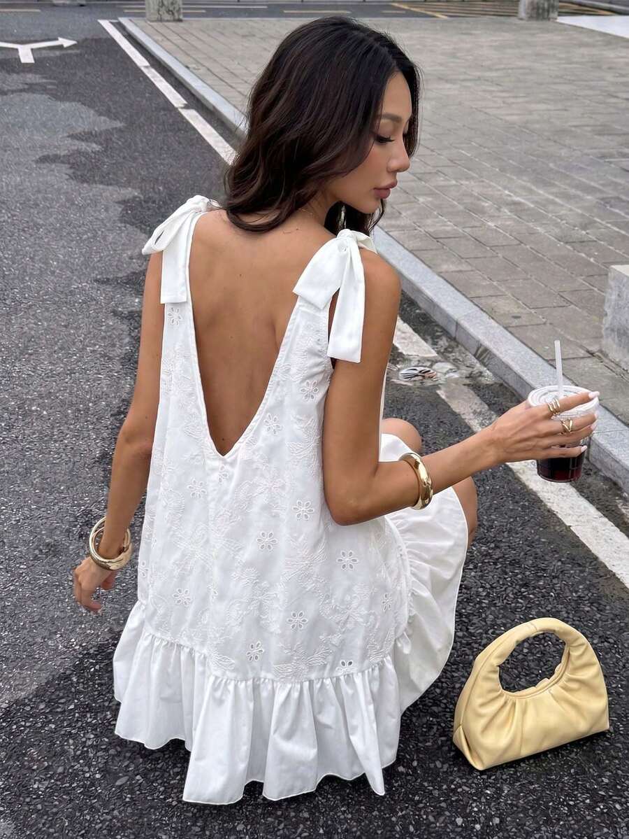 SHEIN PETITE Women's White Summer Casual Vacation Shoulder Bowknot Sleeveless Elegant Floral Embroidery Backless Deep V Ruffle Hem Loose A Line Short Dress ,Petite Women - White - View 1