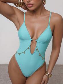 Maija Women's Vacation Chain Decor Sexy Camisole One-Piece Swimsuit Beach Party Aqua Blue Summer - Mint Blue - View 4