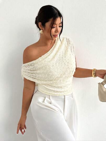 Firerie Plus Size Women Textured Asymmetric Shoulder Ruched Fashion T-Shirt