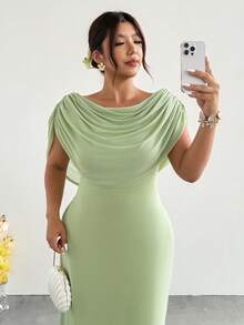 Firerie Robe de soirée élégante vert sauge grande taille pour femme, robe d'invitée de mariage d'été, col drapé en maille élastique, taille cintrée, pour remise de diplôme, bal et rassemblement - Vert - Voir 5