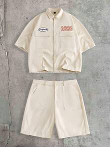AXEPEAK Men's Letter Print Button Front Short Sleeve Shirt And Shorts Casual Suit - Apricot - View 2