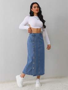 SHEIN PETITE 女款藍色牛仔中長裙 辦公穿搭鉛筆裙 夏季開衩牛仔裙 適合嬌小女性 - 淺色水洗藍 - 查看 6