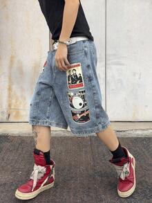 Manfinity EMRG Men's Vintage Printed Gray-Blue Denim Capri Pants, Streetwear Style - Grey - View 3