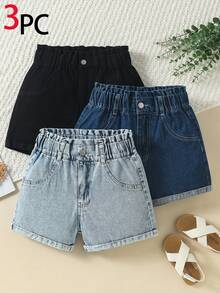 SHEIN 青少年女孩 3件組牛仔短褲，夏季新品寬鬆腰身設計牛仔短褲 + 3色3件組短褲 + 時尚街頭風水洗牛仔短褲 - 彩色 - 查看 2