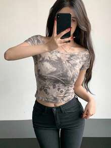 Camiseta de manga larga ajustada con hombro asimétrico y plisado asimétrico para mujer - Multicolor 3 - Ver 2
