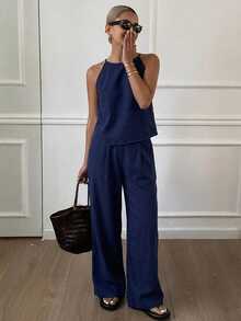 Conjunto de 2 piezas de top de tirantes finos a rayas y pantalones para mujer, conjunto de prendas de estar en casa para mujer - Azul marino 7 - Ver 11