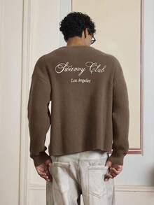 SWAVVY Men's Casual Letter Embroidery Round Neck Ribbed Knit Drop Shoulder Sweater, Autumn/Winter - Brown - View 5