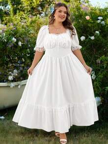 SHEIN CURVE+ Curve Size US22 Music Festival, Seaside Vacation, Bohemia Casual Women's All White Lace Pleated Victorian Retro Long Dress, Party Ball Autumn Fall - White - View 6