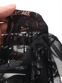 DAZY 女士花卉蕾丝撞色网纱荷叶边性感连体衣 - 黑色 - 查看 7
