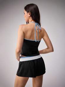 LOONEY TUNES X SHEIN Conjunto de 2 piezas de top halter y shorts con estampado de letras para mujer - Negro - Ver 2