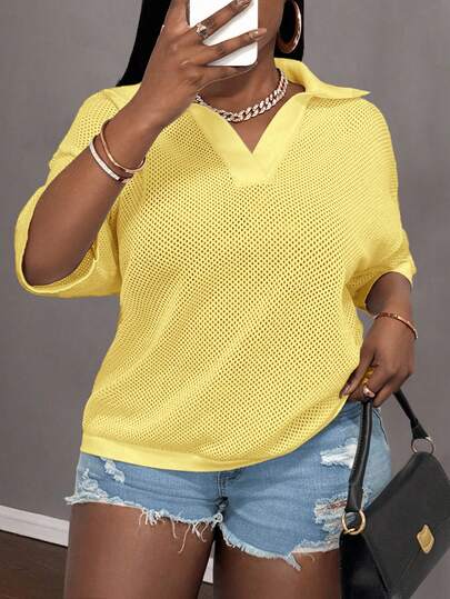 Slaydiva Loose Fit Solid White V-Neck Drop Shoulder Casual Vacation Hollow-Out Knit Plus Size T-Shirt Top For Women, Spring/Summer