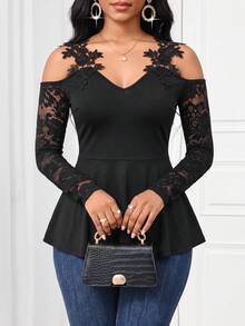 SHEIN Lady Áo thun trễ vai phối ren thanh lịch dành cho nữ - màu đen - Xem 1