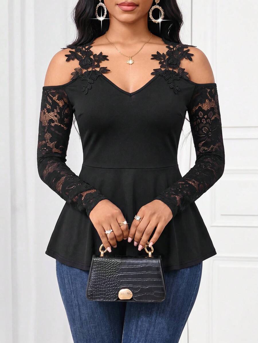 SHEIN Lady Áo thun trễ vai phối ren thanh lịch dành cho nữ - màu đen - Xem 1