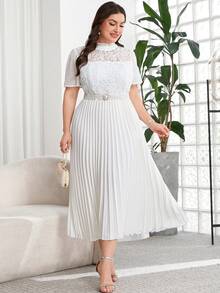 Reflora Plus Size Women's Spring/Summer Elegant Romantic Short Sleeve Mid-Length Dress With Pleated Hem, Lace Fabric, Suitable For Outings And Parties White - Green - View 8