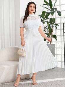 Reflora Plus Size Women's Spring/Summer Elegant Romantic Short Sleeve Mid-Length Dress With Pleated Hem, Lace Fabric, Suitable For Outings And Parties White - Green - View 4
