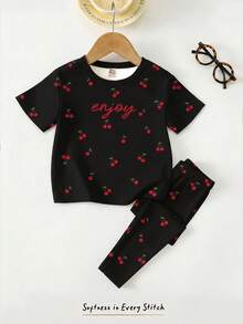 Baby Girl Cute Black And Red Cherry Letter Pattern T-Shirt & Leggings Set,Autumn Family Matching Casual Round Neck Long Sleeve Outfit For Vacation - White - View 2