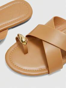 CUCCOO BIZCHIC Ladies' Elegant Summer Camel PU-Faced Flat-Bottomed Slippers - Camel - View 7