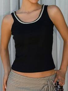 Bris Aura CONTRAST TAPE RIBBED TANK TOP,SUMMER OUTFITS Casual Black - Black - View 6